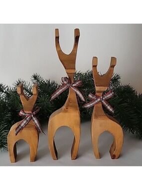 Set of (3) Handcrafted MCM Vintage Wooden Christmas Reindeer, Minimalistist